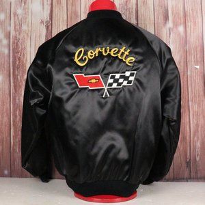 Vintage 80s 90s Chevy Corvette Black Satin Bomber Button Jacket Car Racing VTG